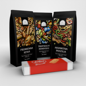 Zestaw trzech kaw 3x1kg Aksamitna Brazylia/Promienna Kenia/Tropikalny Honduras z ciastkami