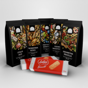 Zestaw pięciu kaw MIX 5x1kg Aksamitna Brazylia/Crema Maestoso/Tropikalny Honduras/Promienna Kenia/Italia Duo z ciastkami