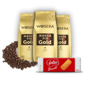 Zestaw trzech kaw z ciastkami: Woseba Fix Gold